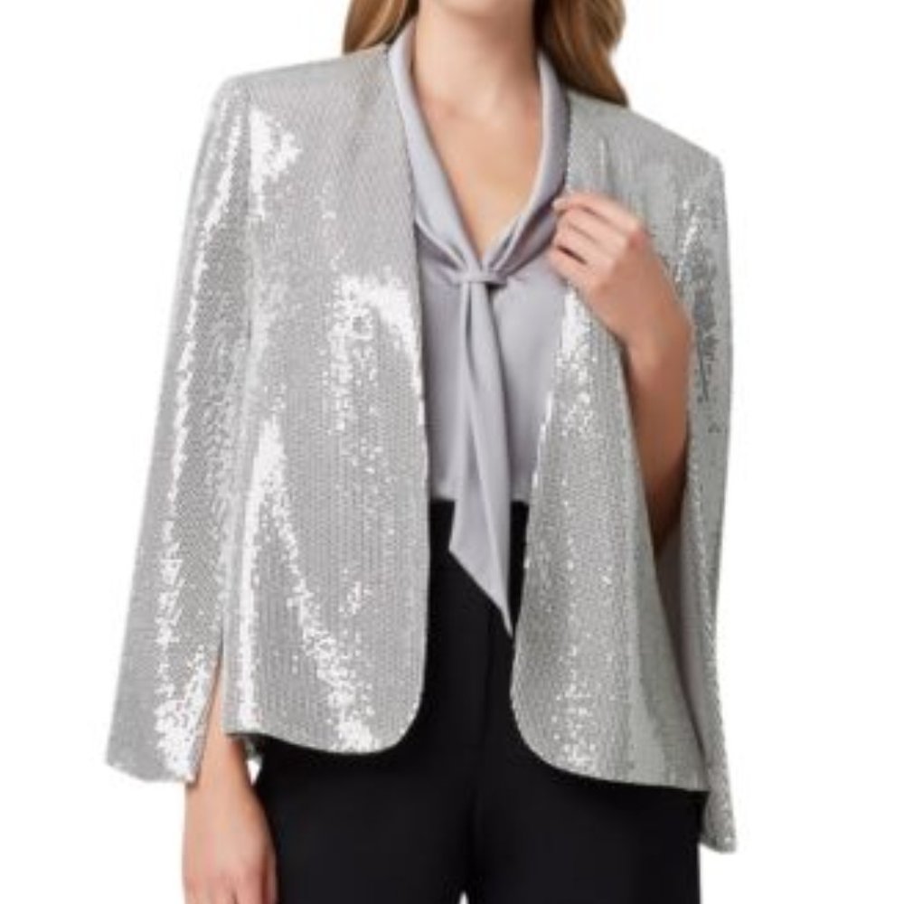 TAHARI ASL Silver Metallic Sequined Cape Blazer XL